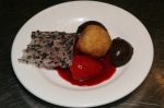 White Chocolate Arancini with Puffed Rice Rocher and Raspberry Butter Sauce