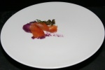 Amuse Bouche Scottish Salmon house cured, purée of purple sweet potato, smoked deep fried capers