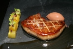 foie gras 5-spiced seared, unagi sauce, compressed pineapple, cocoa nib, chocolate sorbet