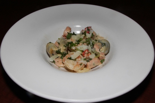 Seafood linguine - lobster, clams, salmon, shrimp, lobster bisque sauce