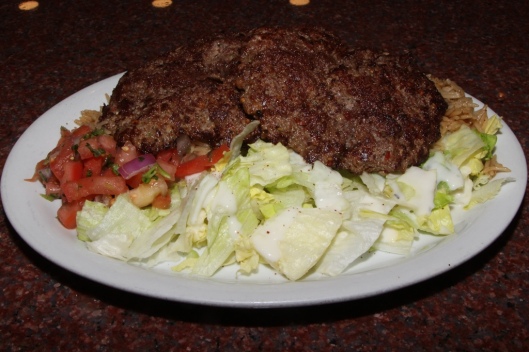 Chaplee Kabob - two round pieces of ground beef marinated in fresh grated spices. $10.49