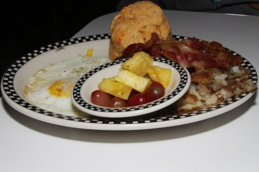 the standard - 2 sunny eggs, home fries, butcher's crack, cheddar chive biscuit and fresh fruit cup $10.00/ add egg +$2.00 (early bird special 5 am to 9 am daily! 8 bucks) 